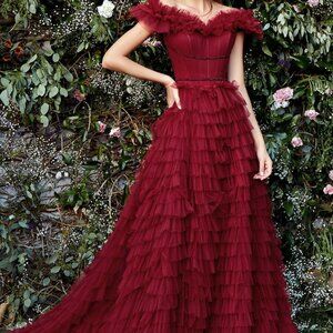 BURGUNDY OFF THE SHOULDER RUFFLE BALL EVENING BRIDAL WEDDING PARTY PROM GOWN